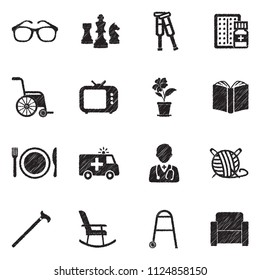 Nursing Home Icons. Black Scribble Design. Vector Illustration.