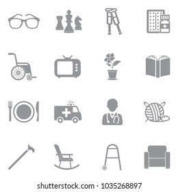 Nursing Home Icons. Gray Flat Design. Vector Illustration. 