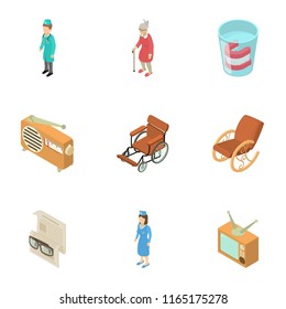 Nursing home icons set. Isometric set of 9 nursing home vector icons for web isolated on white background