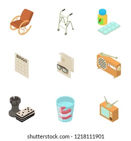 Nursing home icons set. Isometric set of 9 nursing home vector icons for web isolated on white background