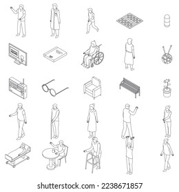 Nursing home icons set. Isometric set of nursing home vector icons outline on white thin line collection