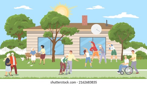 Nursing home illustration. Vector old people patient and carer, caregiver, nurse or doctor. Elderly doing training workout with instructor trainer, walking with caregiver, talking with visitor