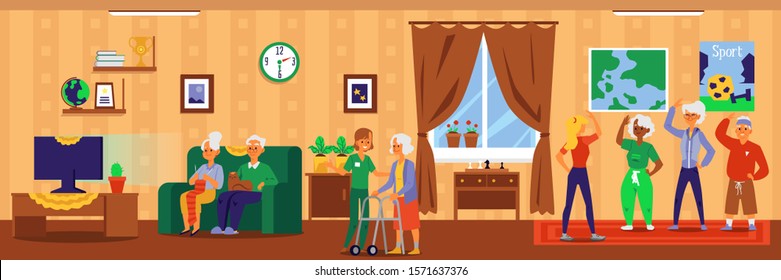 Nursing home interior banner with cartoon elderly people doing fun activities - dance exercise and watching TV on sofa. Retirement facility room - flat vector illustration