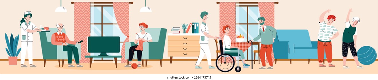 Nursing Home Interior With Residents And Staff Busy With Daily Activity, Flat Cartoon Vector Illustration. Retirement Aged And Disabled People Care Service.