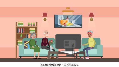 Nursing home interior with senior people and assistants.