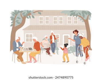 Nursing home isolated concept vector illustration. Nursing facility, residential home, physical therapy, care service for senior people, retiree long term stay, rest house vector concept.