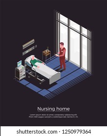 Nursing home isometric background with personal visiting elderly patient lying in bed vector illustration