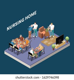 Nursing home isometric background with residents meeting for rest and leisure with help of their caretakers vector illustration 