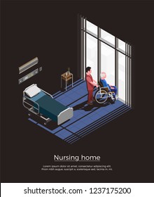 Nursing home isometric composition with elderly man sitting on wheelchair and his caretaker in room interior vector illustration