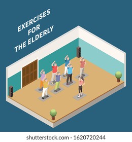 Nursing home isometric composition with elderly people doing gym exercises under guidance of young coach vector illustration 