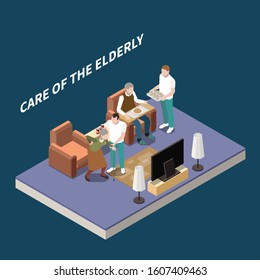 Nursing home isometric composition with employees caring old people with disabilities to move and eat vector illustration