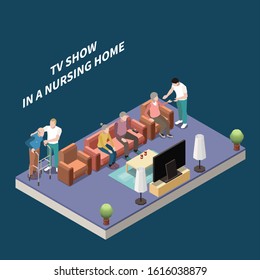 Nursing home isometric composition with residents looking tv show in room for rest and leisure vector illustration 