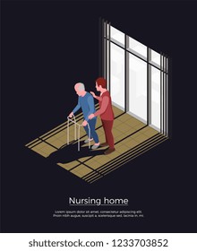 Nursing home isometric design concept with female person looking after elderly man moving with walker vector illustration