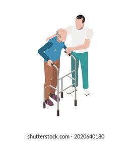 Nursing home isometric icon with character helping old man with walking frame vector illustration