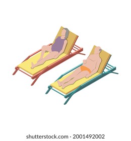 Nursing home isometric icon with senior man and woman lying on lounges in sunshine 3d vector illustration