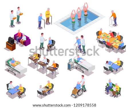 Nursing home isometric icons set with staff  monitoring patients and elderly people playing sport exercises or board games isolated vector illustration