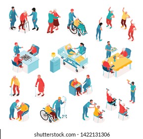 Nursing home isometric set with staff monitoring disabled patients and elderly people playing sport exercises or board games isolated vector illustration