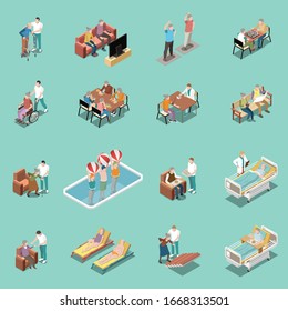 Nursing home isometric set of staff monitoring patients and elderly people involved in different activities isolated vector illustration 