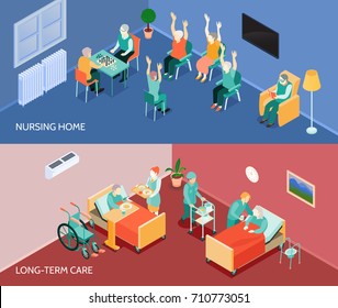Nursing home long-term care unit 2 horizontal banners with daily activities and feeding assistance isolated vector illustration 