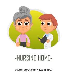 Nursing home medical concept. Vector illustration. Doctor and patient are talking in the hospital. Isolated on white background.