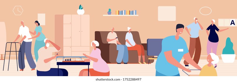 Nursing home. Old woman man living in senior house. Doctor nurse care elderly people. Happy retired, gerontology patient vector illustration