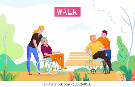 Nursing home outdoor activities with medical attendant and volunteer walking with wheelchair bounded residents flat vector illustration