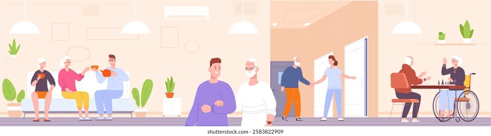 Nursing home pastime. Aged people social care house healthcare hospital clinic, nurse doctor caregiver with elderly patient activity hobby grandma on wheelchair vector illustration original artwork