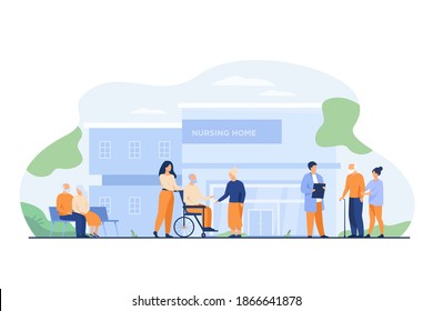 Nursing home residents. Old people walking outside with caregivers and visitors. Vector illustration for elderly care, age, retirement, hospice concept