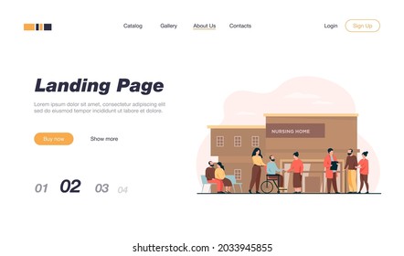 Nursing home residents. Old people walking outside with caregivers and visitors. Vector illustration for elderly care, age, retirement, hospice concept