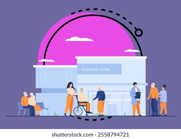 Nursing home residents. Old people walking outside with caregivers and visitors. Vector illustration for elderly care, age, retirement, hospice concept