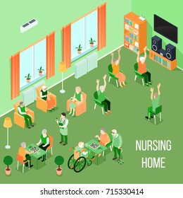 Nursing home residents room interior isometric view with residents playing chess reading and physical activities vector illustration 