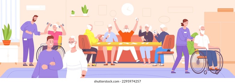 Nursing home rest. Smiling grandparents on pension socializing in sanatorium residence for aged people, nurse or caregiver with retirement senior vector illustration of nursing home for grandparents