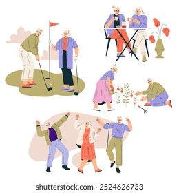 Nursing Home with Retired Man and Woman Character Doing Different Activity Vector Set