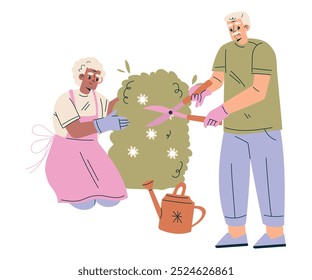 Nursing Home with Retired Man and Woman Character Prune Bush in the Garden Vector Illustration
