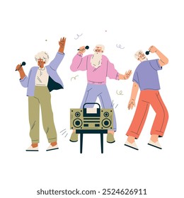 Nursing Home with Retired Man and Woman Character Sing with Microphone Vector Illustration