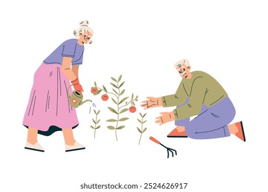 Nursing Home with Retired Man and Woman Character Do Garden Work Vector Illustration