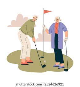 Lar de Enfermagem com Homem aposentado e mulher personagem jogando golfe juntos ilustração vetor