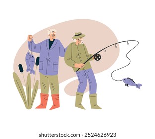 Nursing Home with Retired Man and Woman Couple Character Fishing Vector Illustration