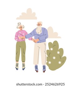 Nursing Home with Retired Man and Woman Character Roller Skating Vector Illustration