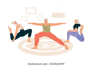 Hogar de ancianos con el carácter retirado del hombre y de la mujer que hace la Ilustración vectorial del yoga