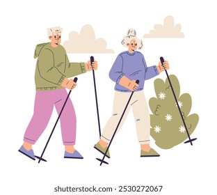 Nursing Home with Retired Man and Woman Character Pole Walking Vector Illustration