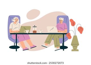 Nursing Home with Retired Man and Woman Character Sit at Laptop at Desk Vector Illustration