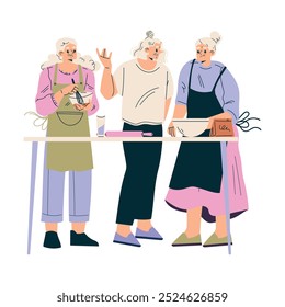 Nursing Home with Retired Woman Character Cooking and Baking Vector Illustration