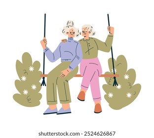 Casa de Enfermagem com Mulher Aposentada Personagem Amigo Balançando Junto Ilustração Vetorial