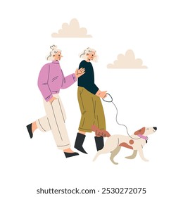 Nursing Home with Retired Woman Friend Character Walking Dog Together Vector Illustration