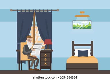 Nursing home room interior with senior people.
