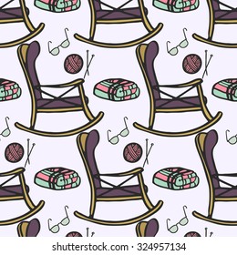Nursing home. Seamless pattern with hand-drawn cartoon chair for rest, knitting, glasses and plaid. Doodle drawing. Vector illustration. 