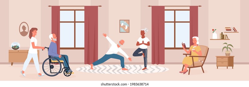 Enfermería en casa con ancianos que hacen yoga, enfermero con ancianos discapacitados en silla de ruedas