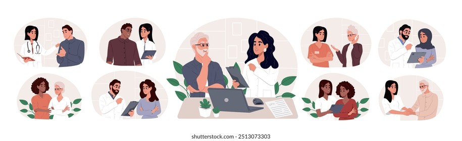 Nursing home. Set of diverse doctors characters. Doctors and patients of different races and ages. Nurses and doctors care for the elderly in a nursing home. Illustrations in cartoon style.