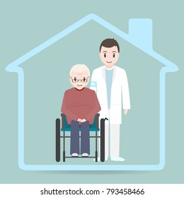 Nursing home sign icon, Doctor and elderly man sitting on wheelchair icon